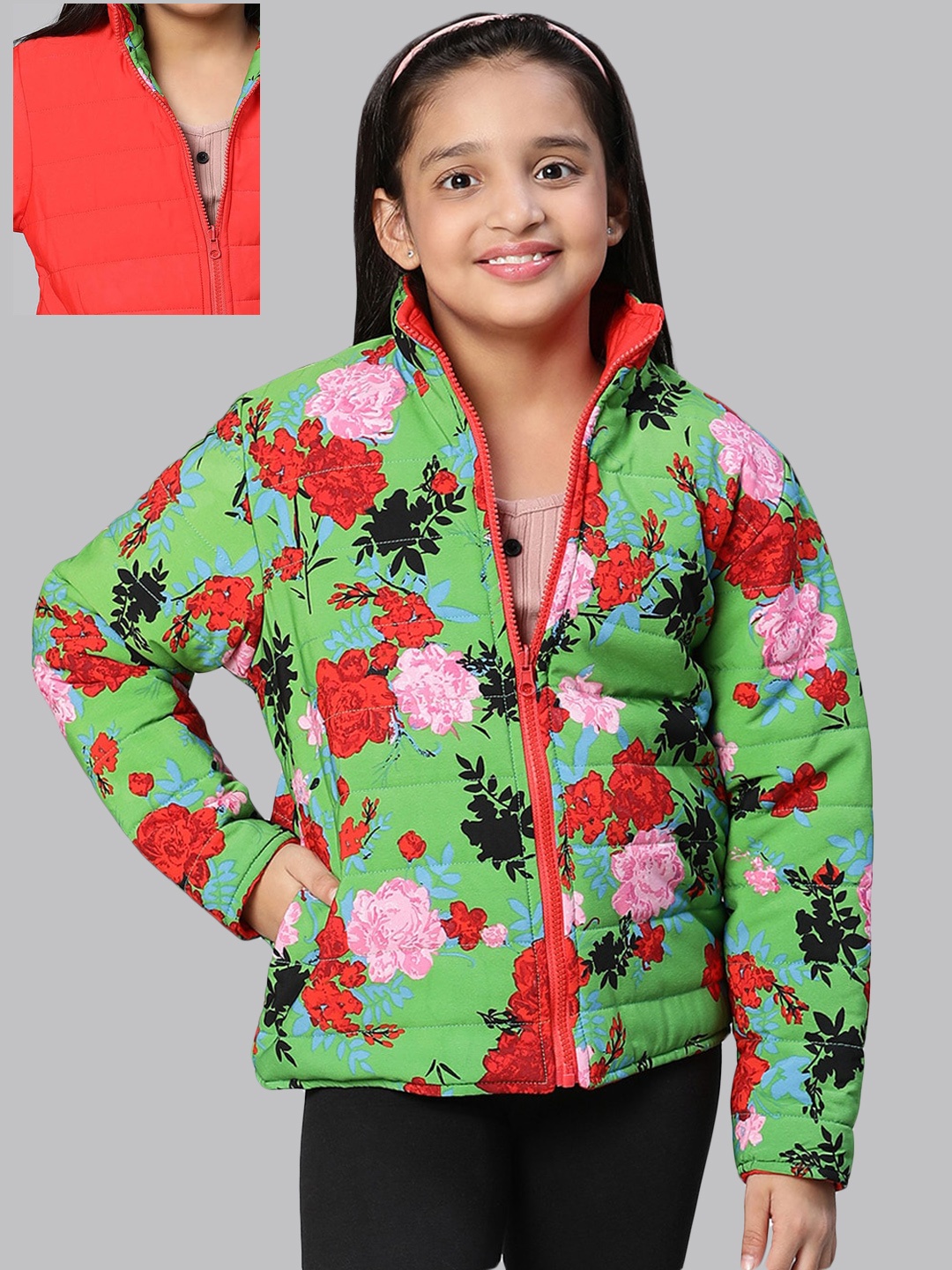 

Oxolloxo Girls Green Red Floral Reversible Crop Padded Jacket