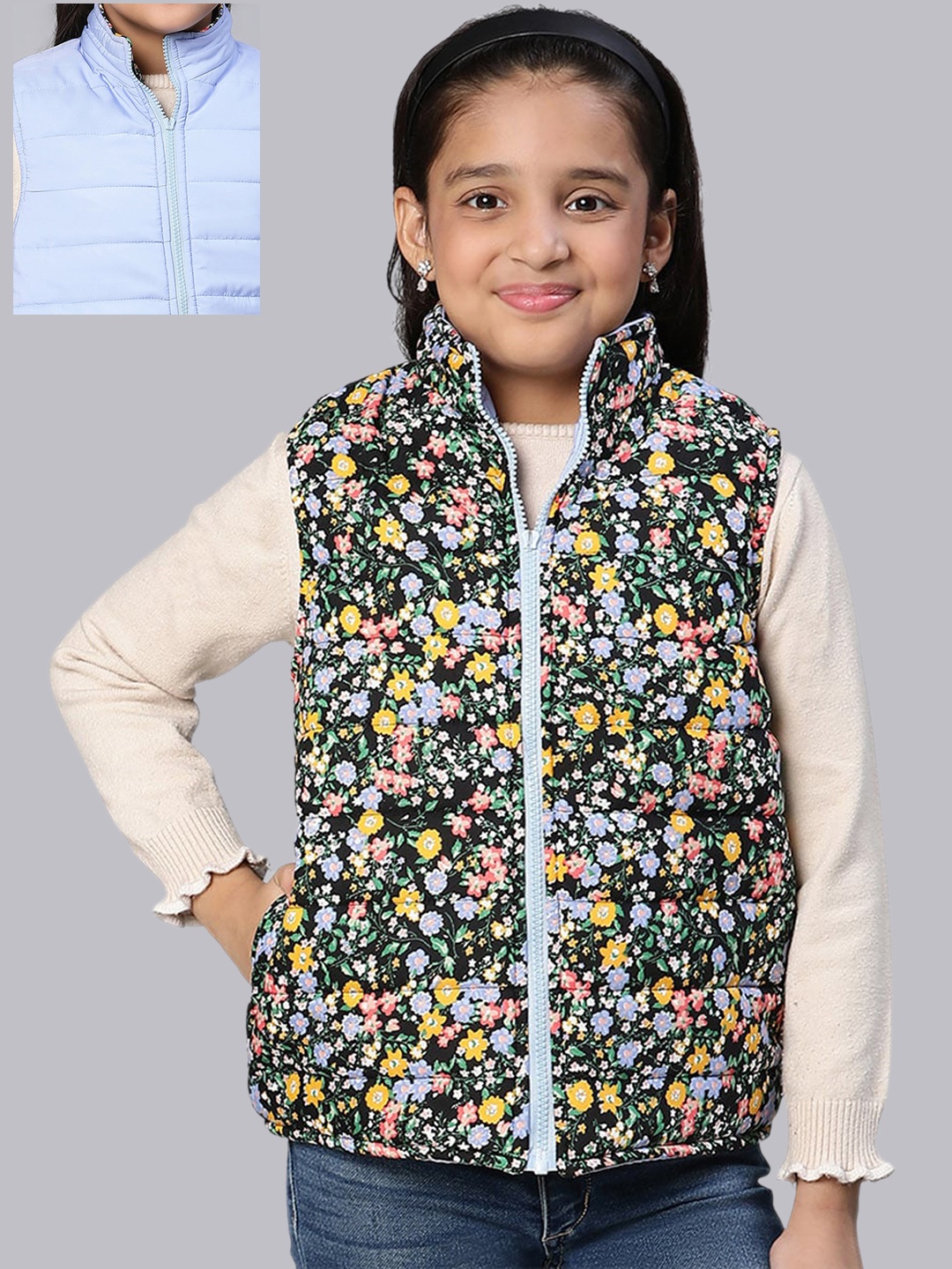 

Oxolloxo Girls Black Yellow Floral Reversible Padded Jacket