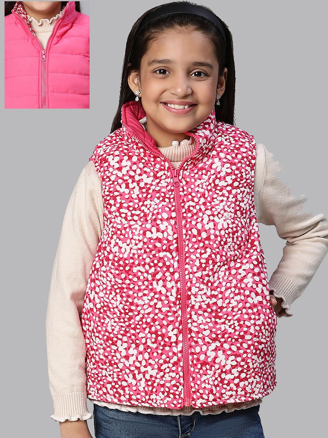 

Oxolloxo Girls Pink White Floral Reversible Padded Jacket