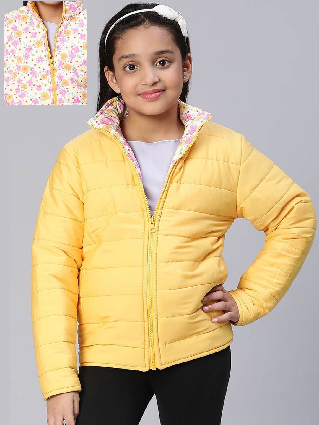 

Oxolloxo Girls Yellow Pink Floral Reversible Padded Jacket