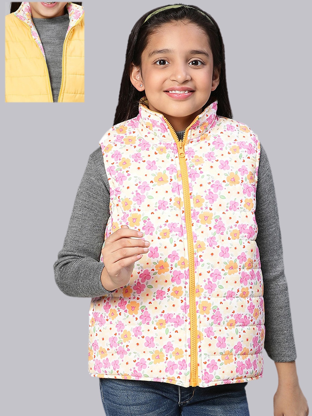 

Oxolloxo Girls White Pink Floral Reversible Padded Jacket