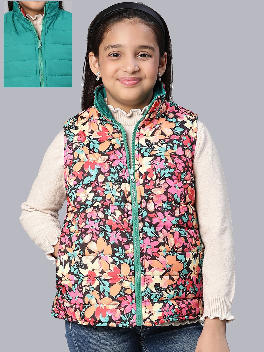 

Oxolloxo Girls Black Pink Floral Reversible Padded Jacket