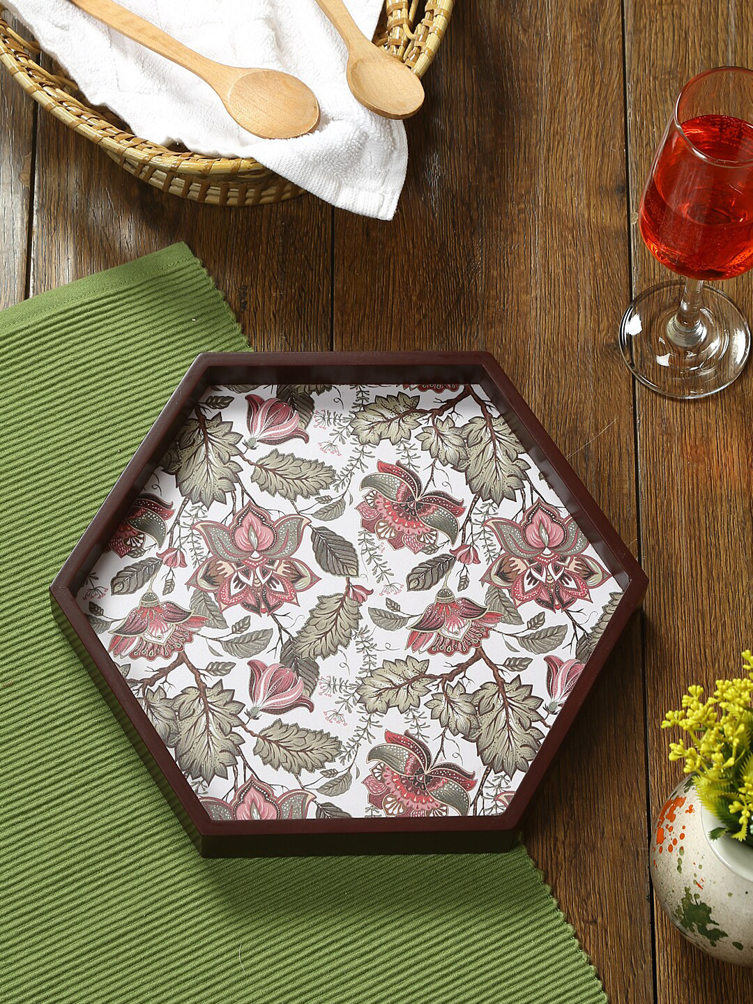 

Reinvention Factory Brown Printed Wood Hexagon Serving Tray
