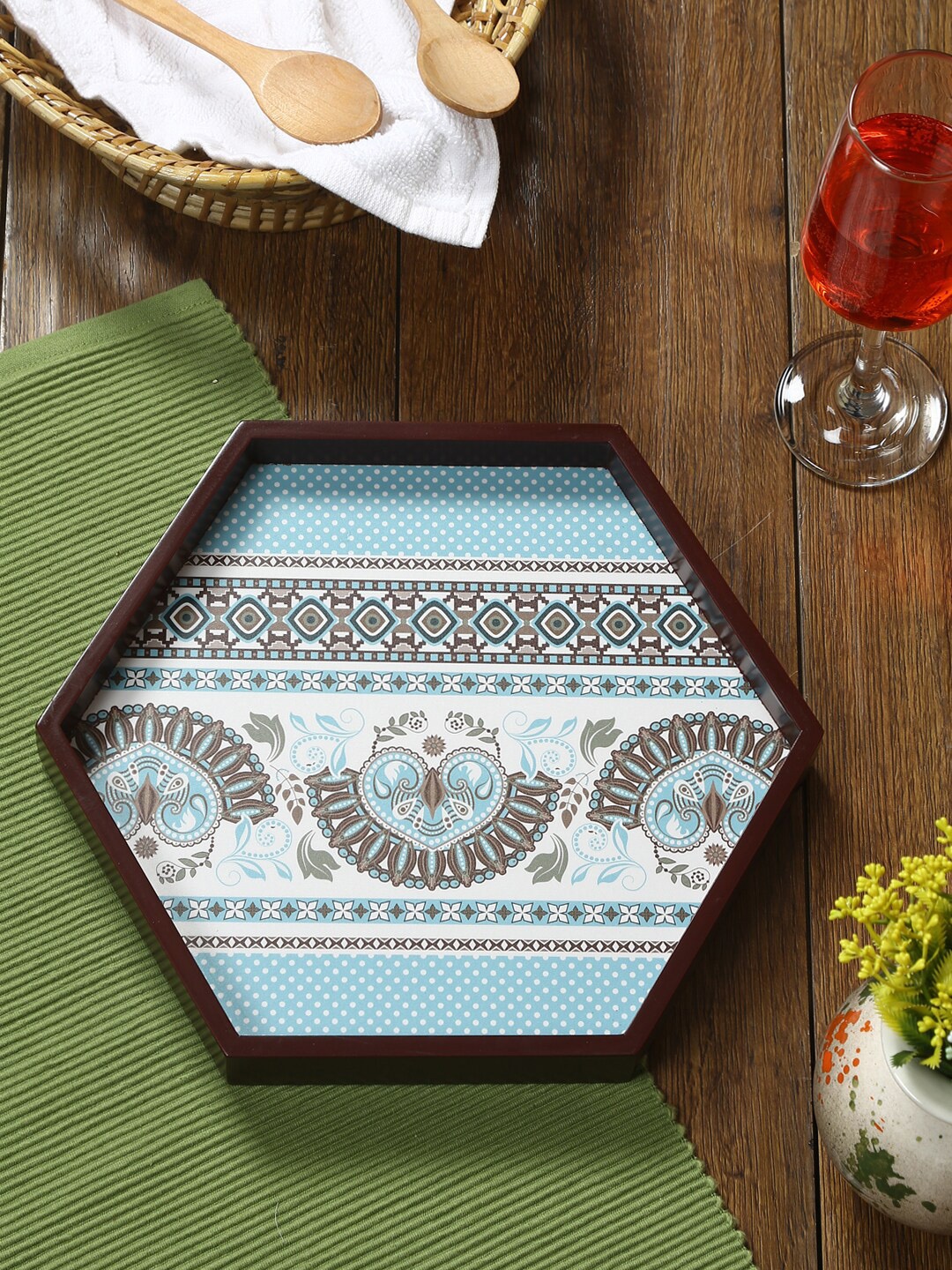 

Reinvention Factory Brown Digital Print Wood Hexagon Serving Tray