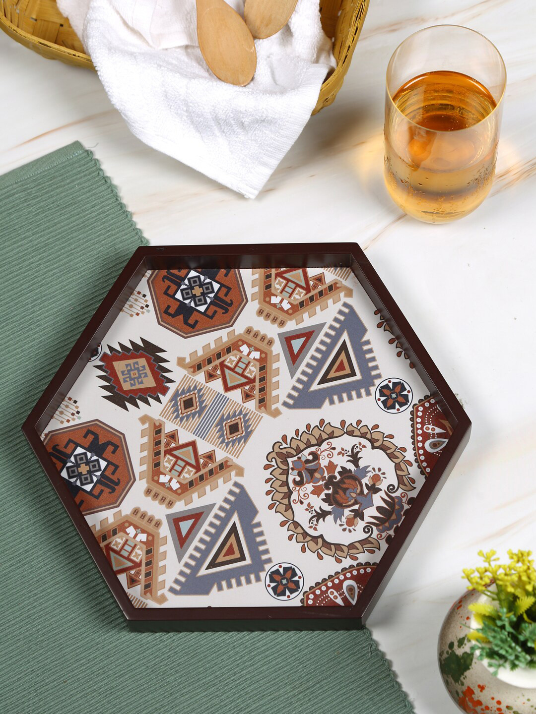 

Reinvention Factory Brown Printed Wood Hexagon Serving Tray