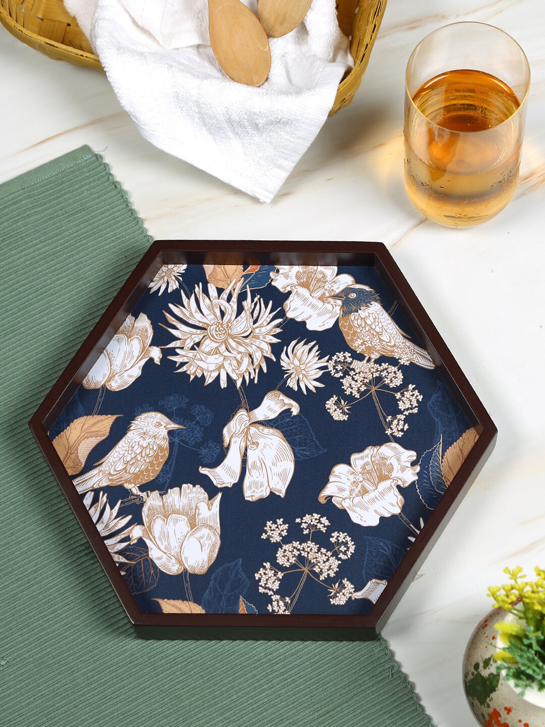 

Reinvention Factory Brown & Navy Blue Printed Wooden Hexagon Serving Tray