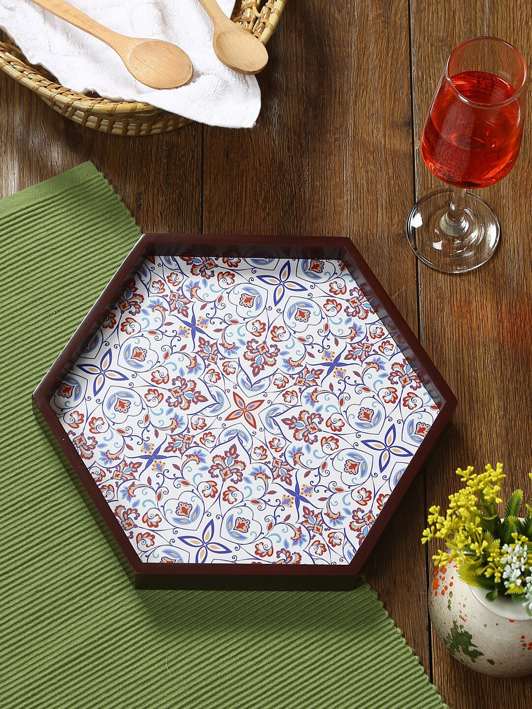 

Reinvention Factory Brown Printed Wood Hexagon Serving Tray