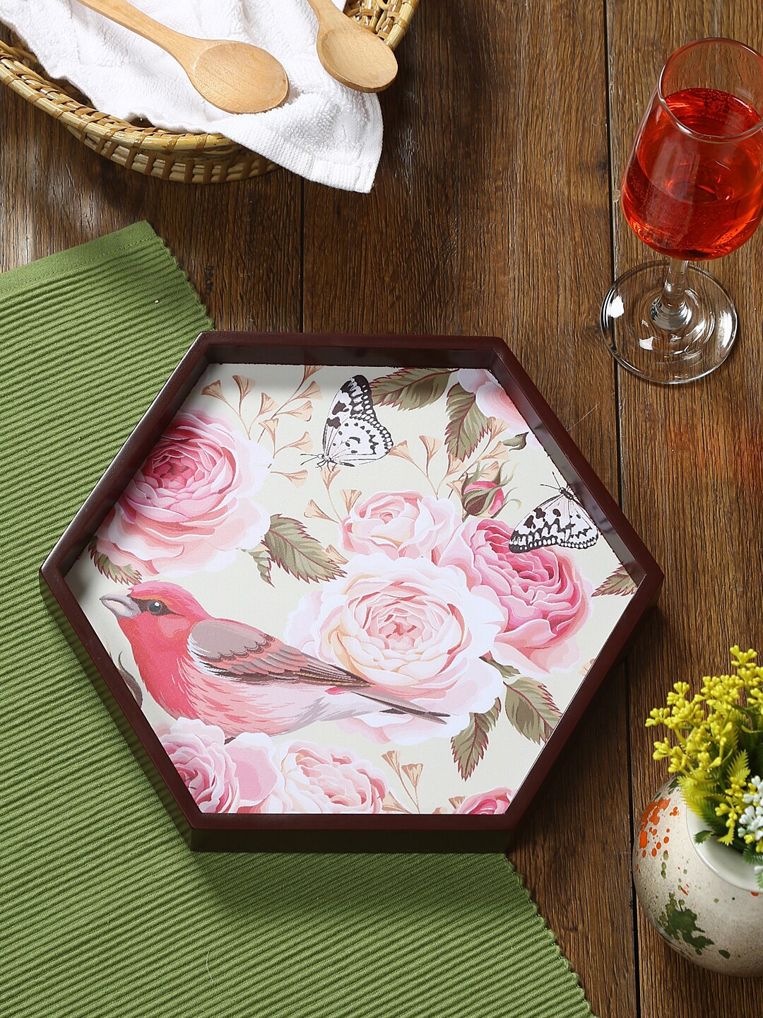 

Reinvention Factory Brown Printed Wood Hexagon Serving Tray