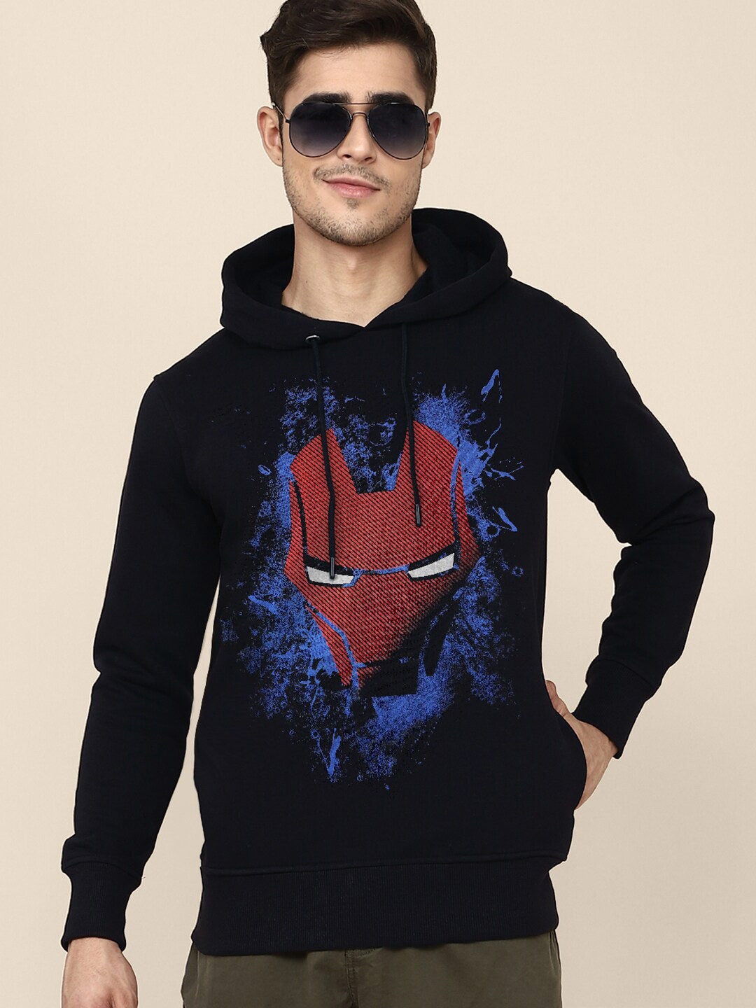 

Free Authority Men Blue Iron Man Printed Hooded Sweatshirt