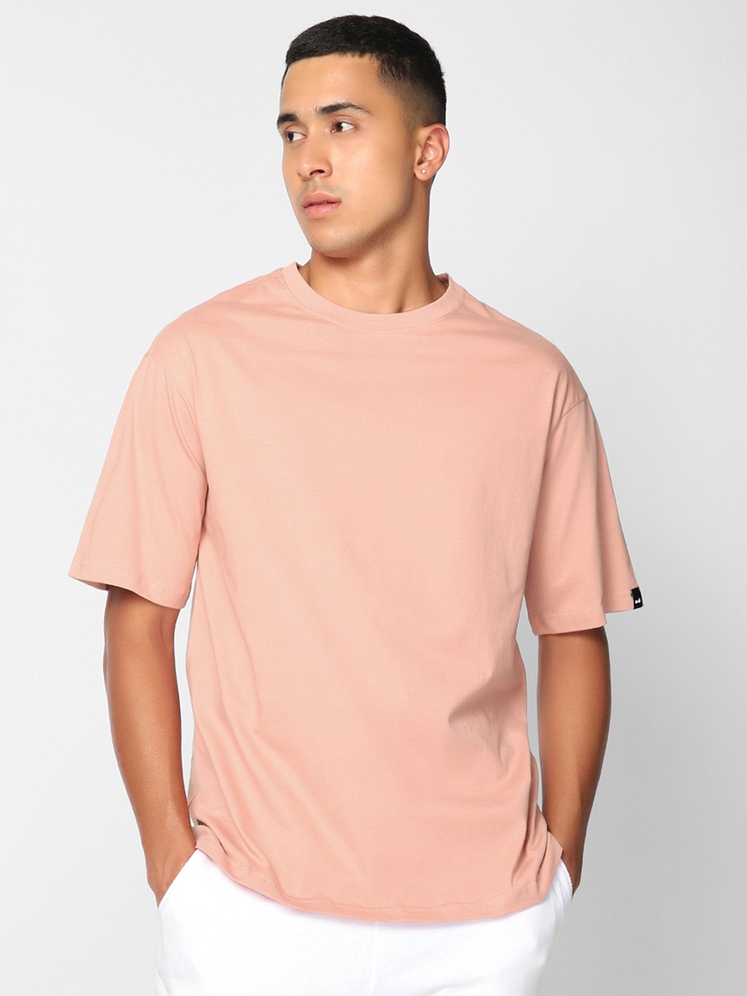 Bewakoof Men Coral Solid Round Neck Oversized Cotton T-shirt