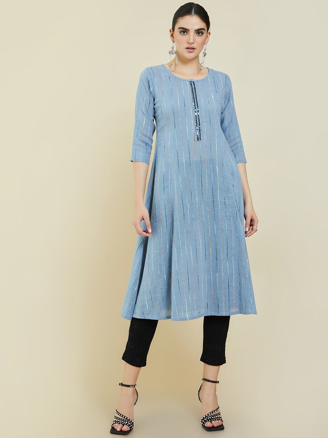 

Soch Women Blue Striped Cotton Kurta