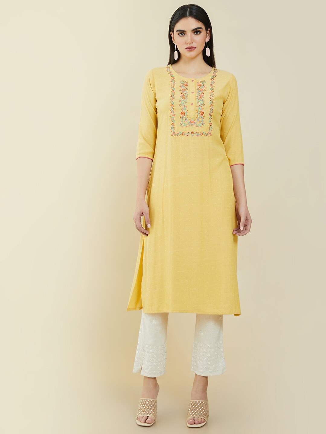 

Soch Women Yellow Floral Embroidered Kurta