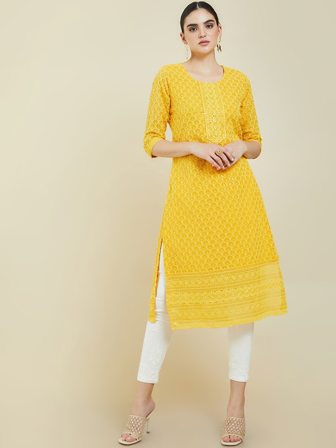 

Soch Women Mustard Yellow Floral Embroidered Chikankari Kurta
