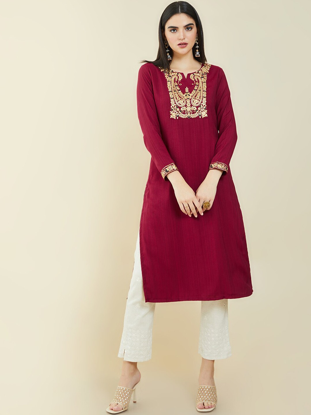 

Soch Women Maroon Ethnic Motifs Embroidered Kurta