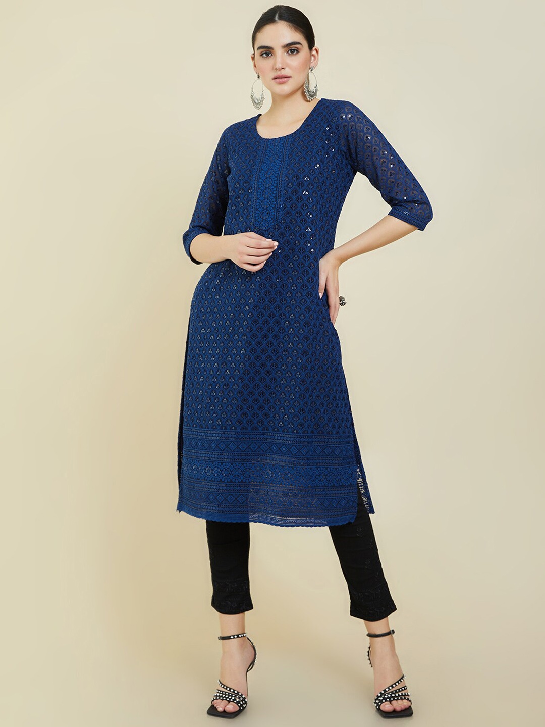 

Soch Women Navy Blue Floral Chikankari Kurta