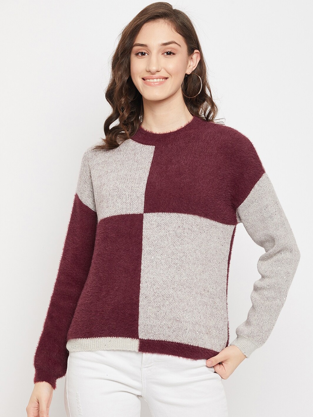 

Madame Women Maroon & Grey Colourblocked Pullover with Fuzzy Detail