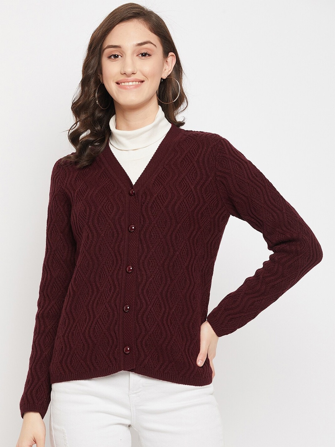 

Madame Women Maroon Cardigan with Fuzzy Detail