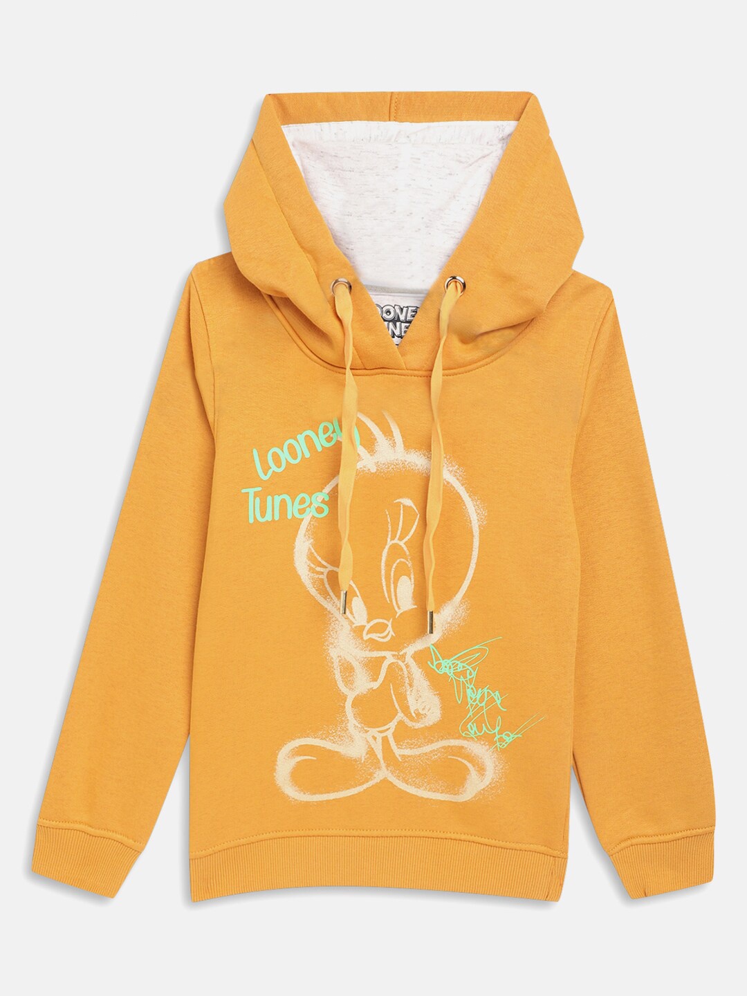 

METTLE Girls Mustard Printed Hooded Fleece Sweatshirt