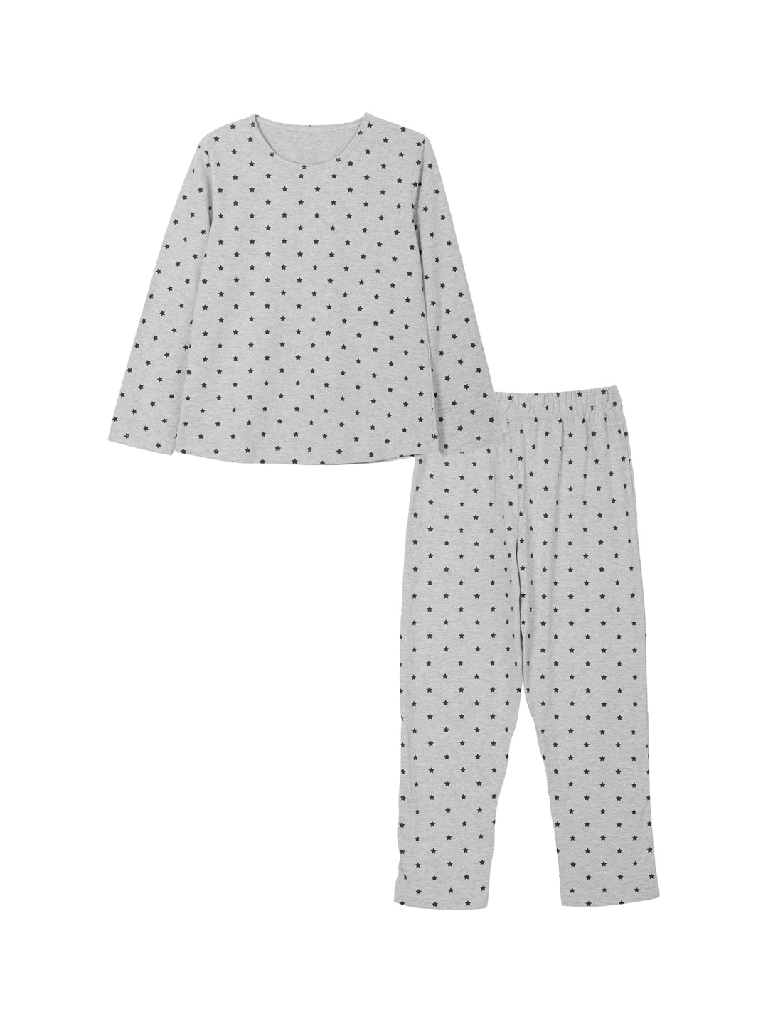 

minnow Girls Grey Melange & Black Printed Pure Cotton Night suit