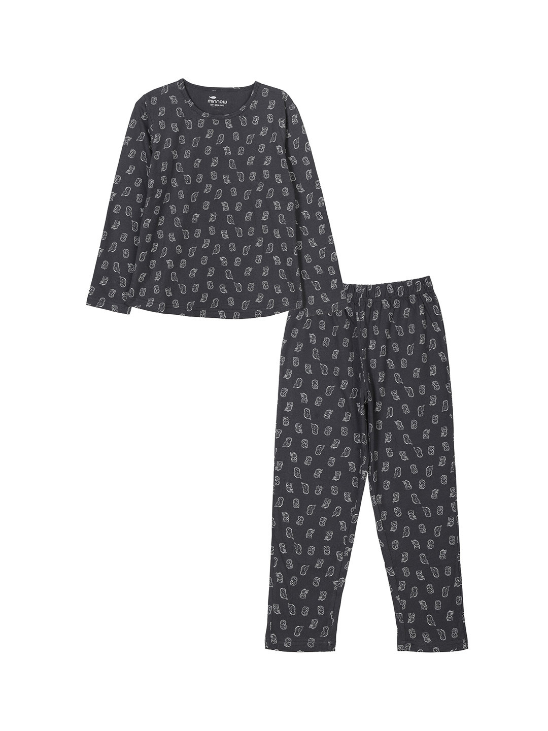 

minnow Girls Charcoal Printed Pure Cotton Night suit