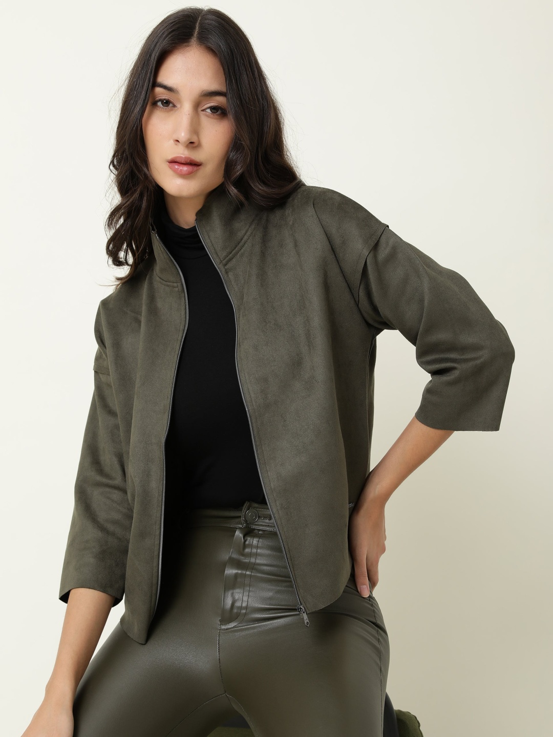 

RAREISM Women Olive Green Crop Tailored Jacket