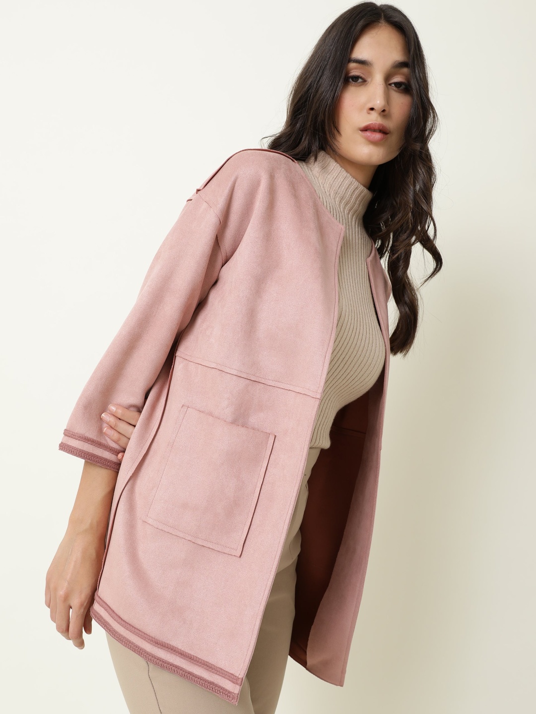 

RAREISM Women Pink Longline Open Front Jacket