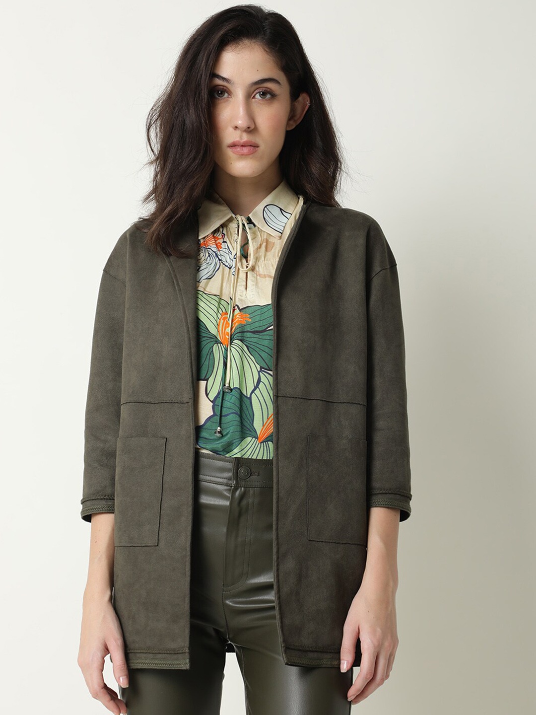 

RAREISM Women Olive Green Longline Open Front Jacket