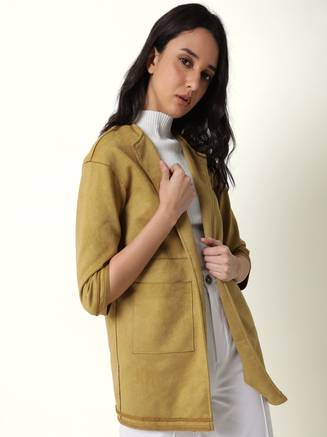 

RAREISM Women Yellow Checked Longline Open Front Jacket