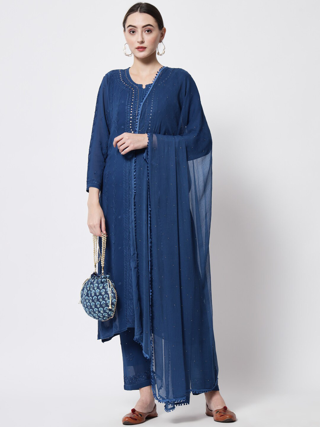 

PARAMOUNT CHIKAN Women Navy Blue Floral Embroidered Chikankari Kurta with Trousers & With Dupatta