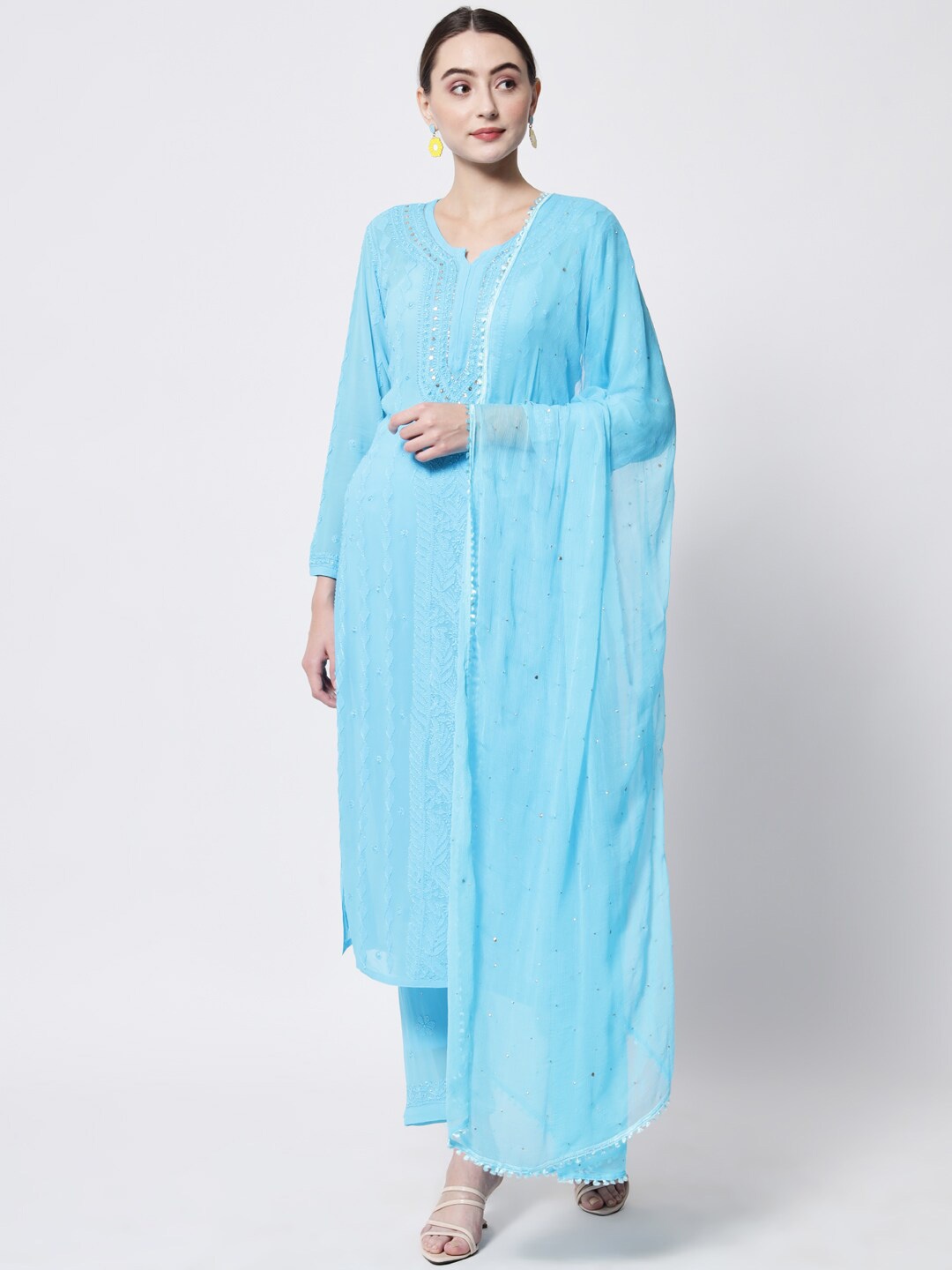 

PARAMOUNT CHIKAN Hand Embroidered Chikankari Kurta with Palazzos & With Dupatta, Turquoise blue