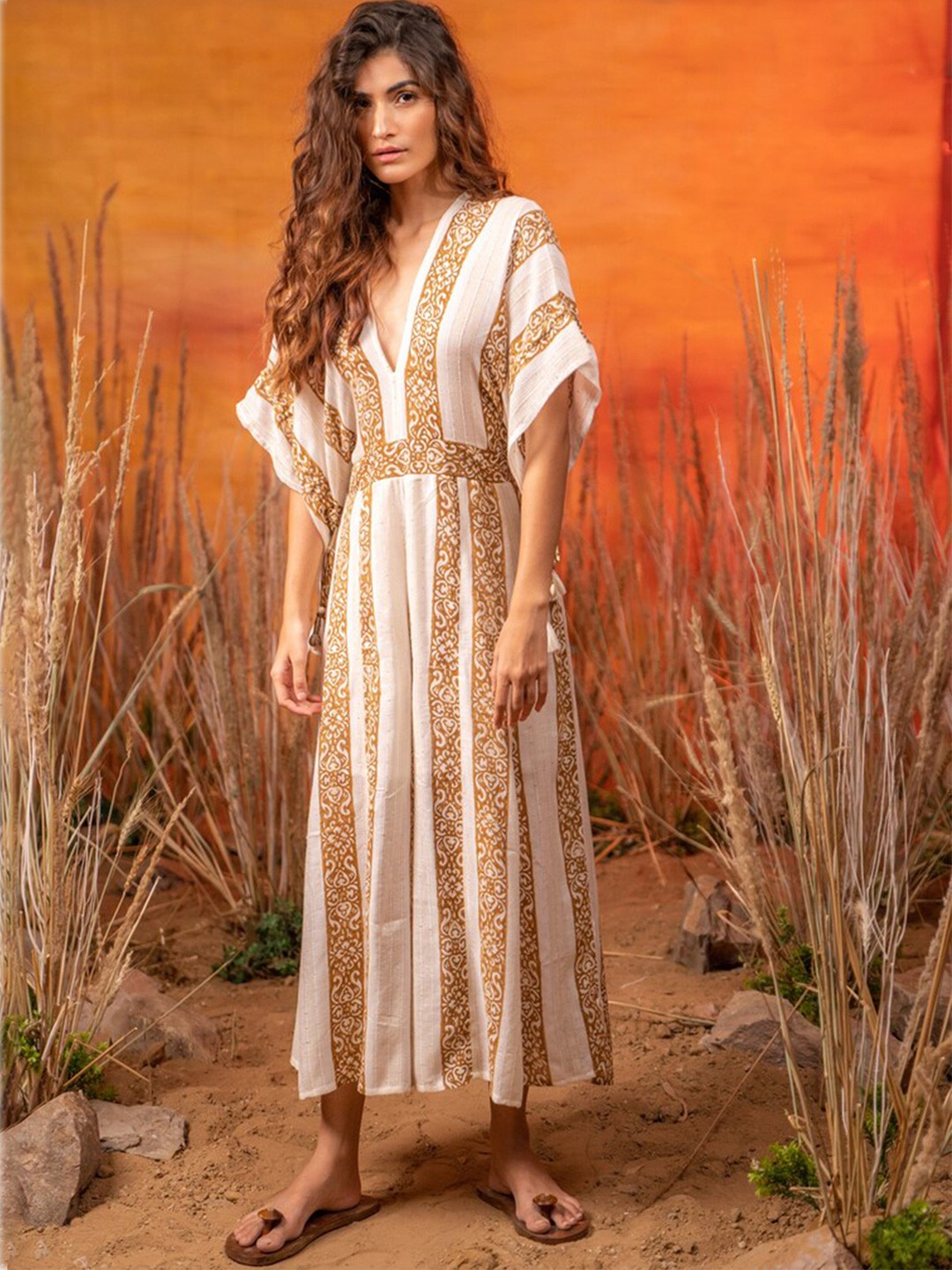 

Label Reyya Women Off White & Beige Colourblocked Basic Jumpsuit with Embellished