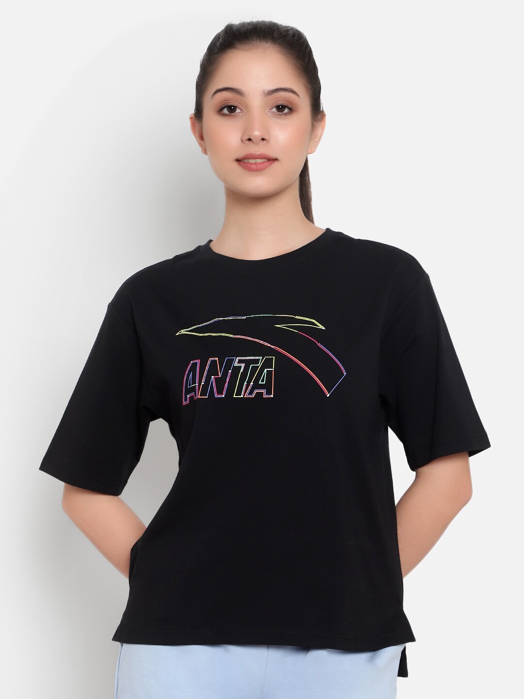 

Anta Women Black Typography Printed Cotton T-shirt