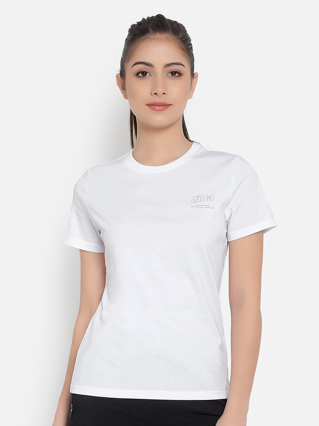 

Anta Women White Typography Printed Cotton T-shirt