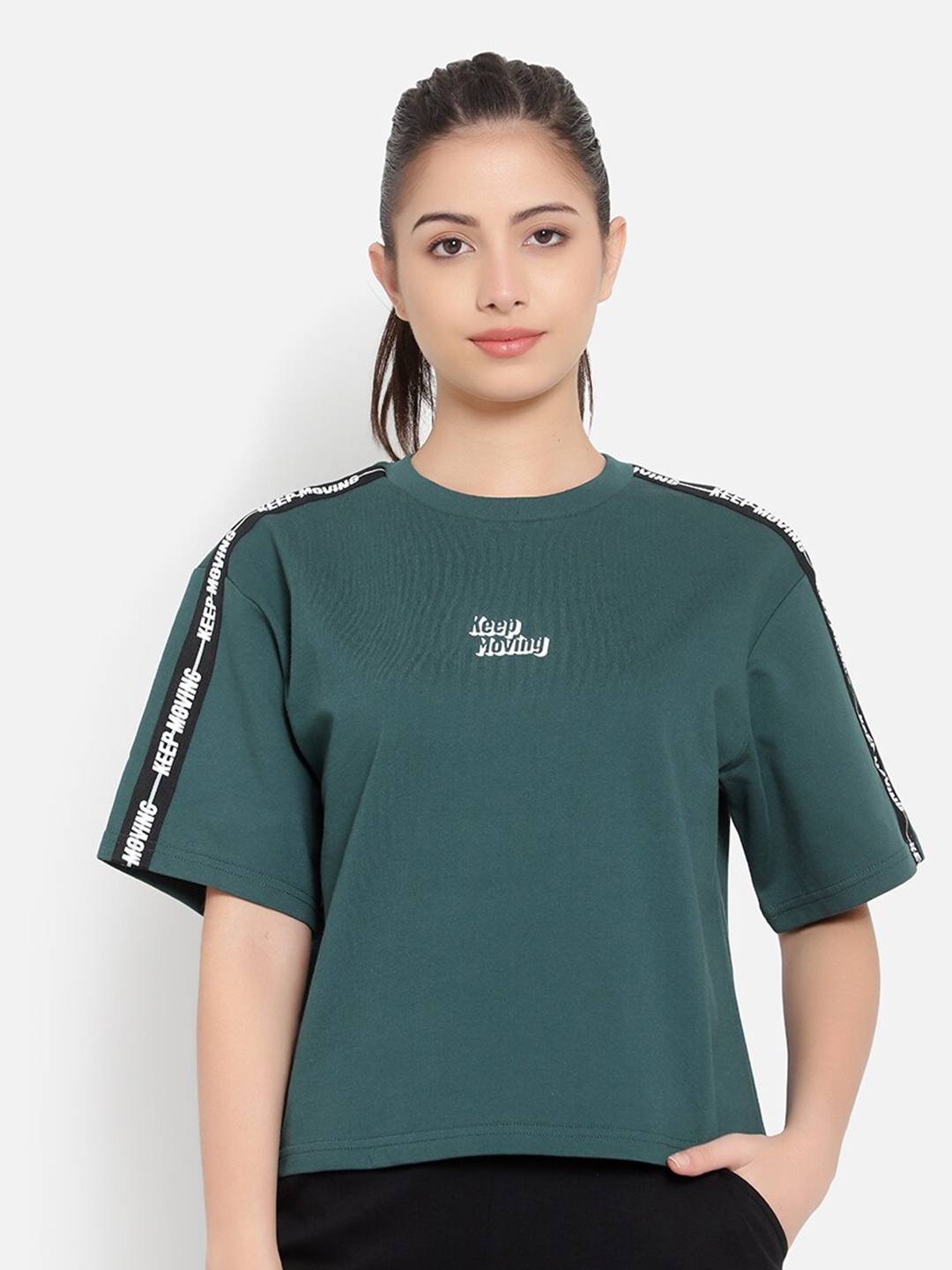 

Anta Women Green Typography Cotton T-shirt
