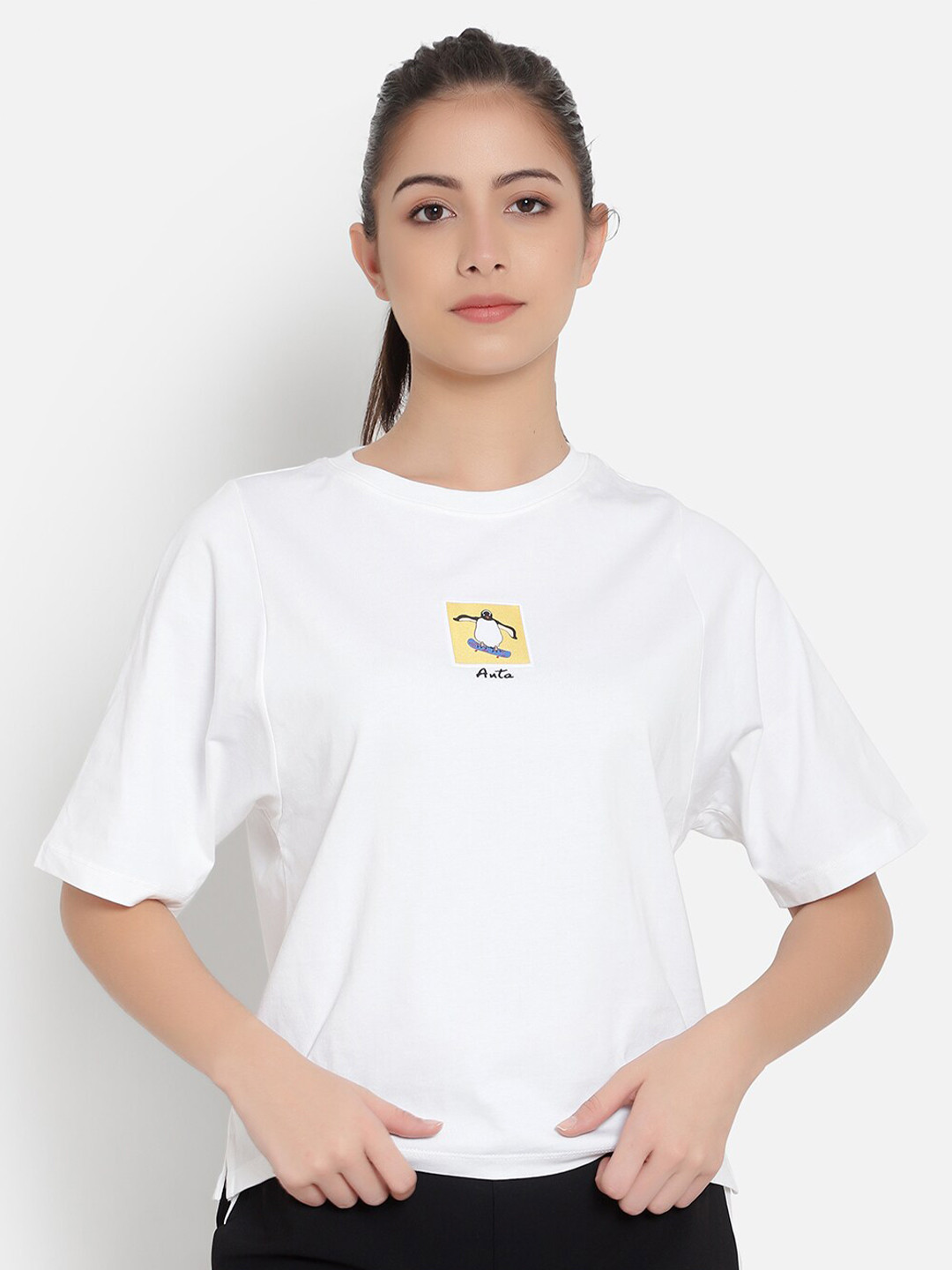 

Anta Women White Printed Cotton T-shirt