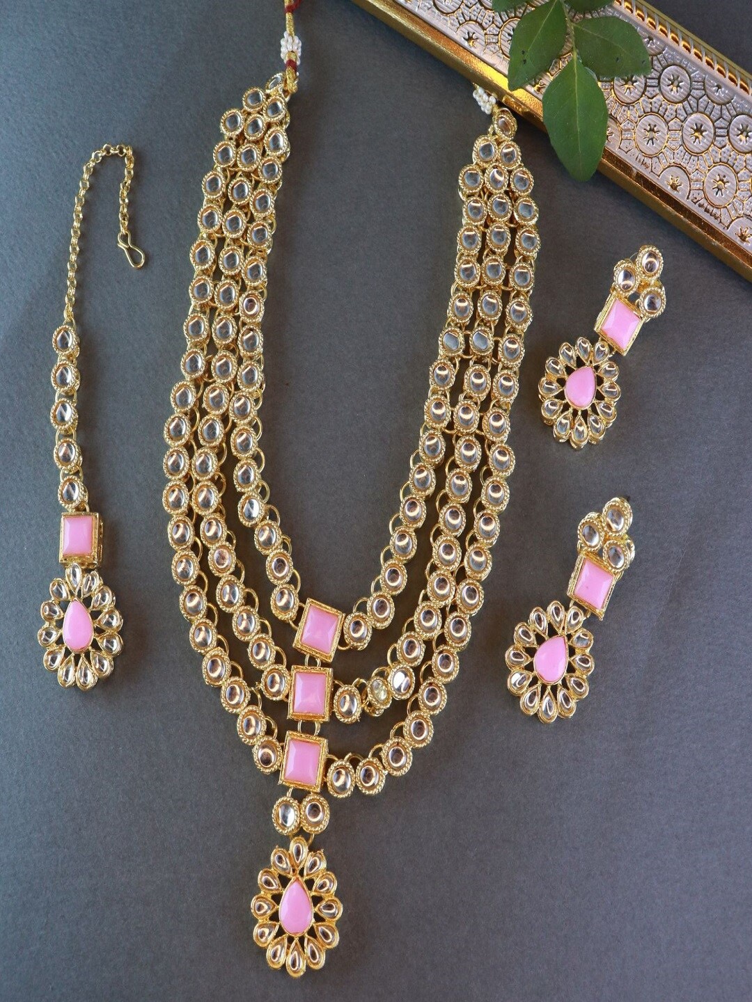 

I Jewels Gold Plated & Pink White Kundan Stone Studded Layered Jewellery Set