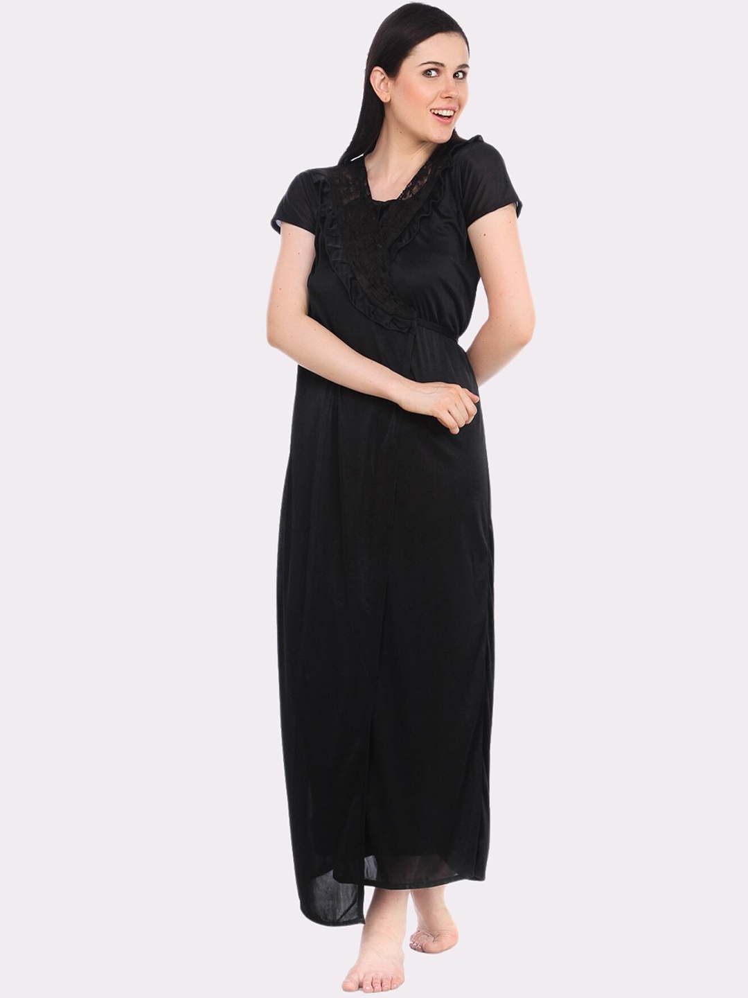 

Fasense Women Black Solid Maxi Robe