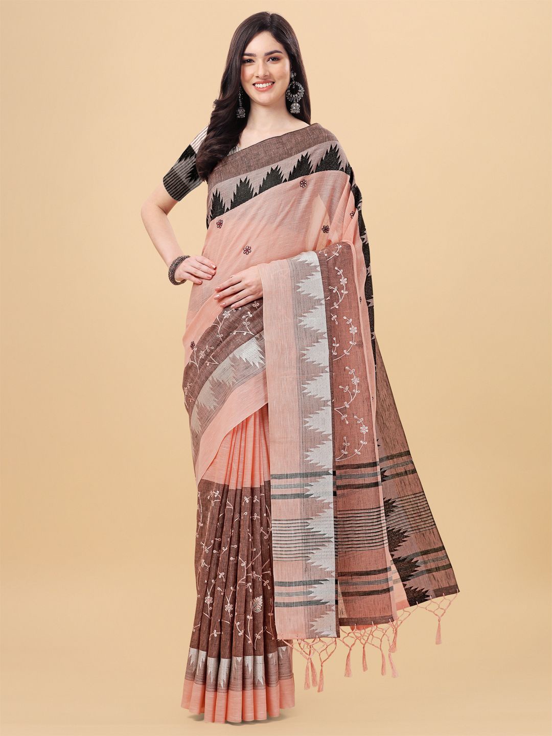 

Mitera Peach-Coloured & Grey Floral Pure Linen Banarasi Saree