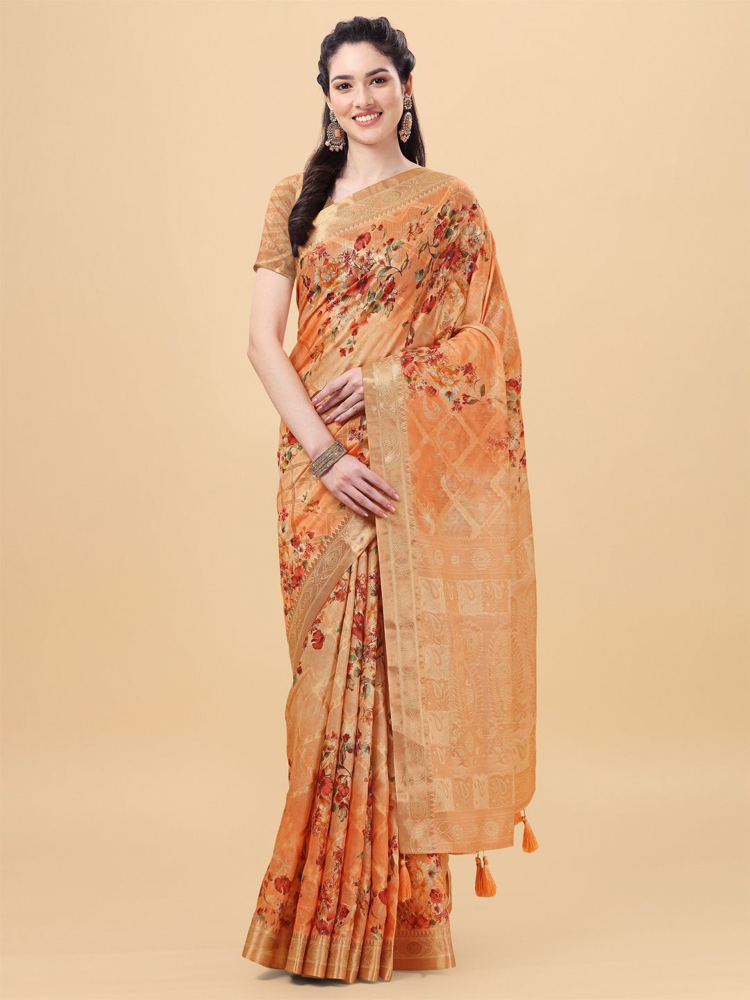 

Mitera Orange & Green Floral Zari Banarasi Saree