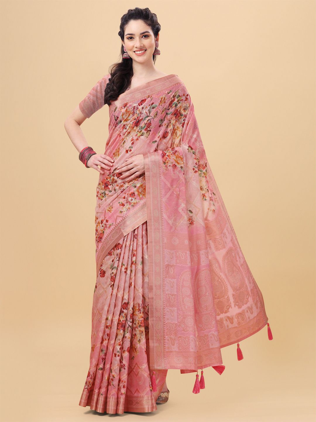 

Mitera Pink & Yellow Floral Banarasi Saree