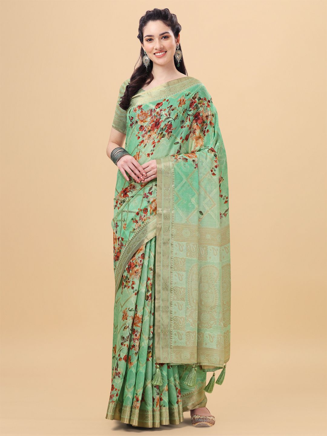 

Mitera Green & Orange Floral Zari Banarasi Saree