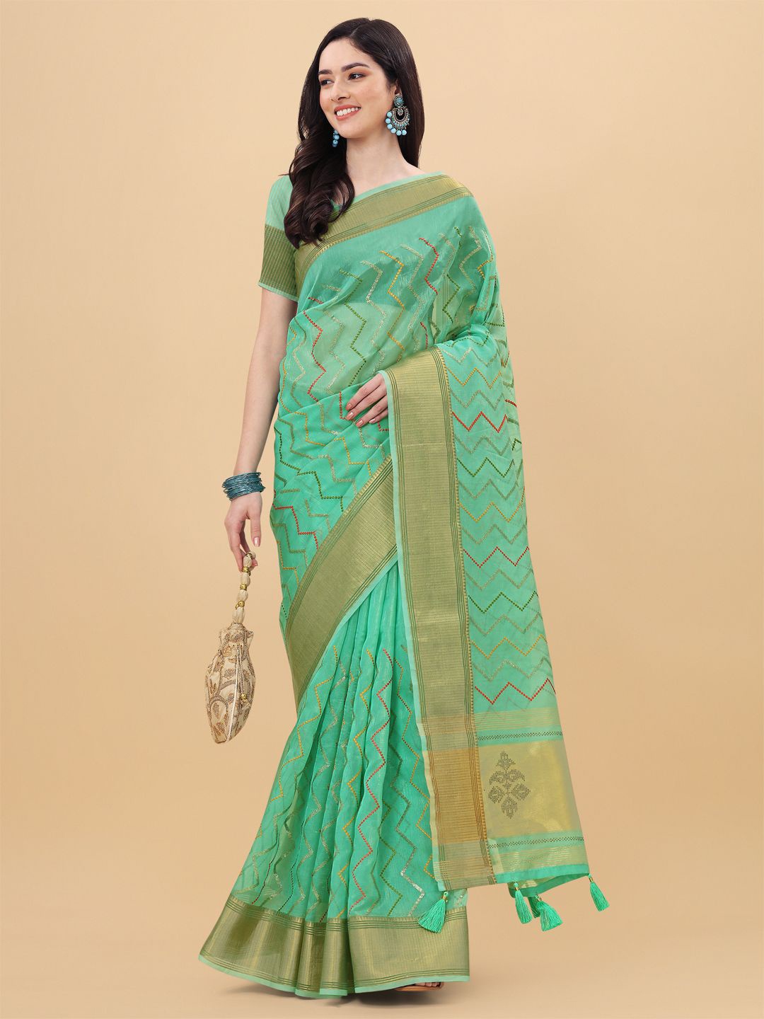 

Mitera Blue & Gold-Toned Embroidered Silk Cotton Banarasi Saree