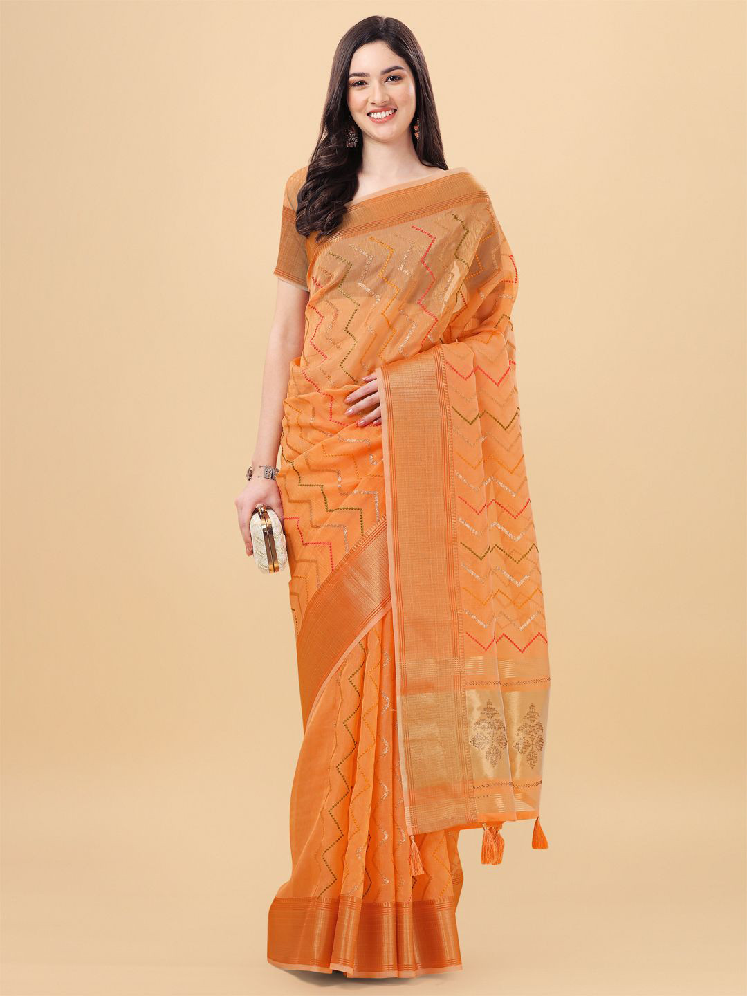 

Mitera Orange & Gold-Toned Silk Cotton Banarasi Saree