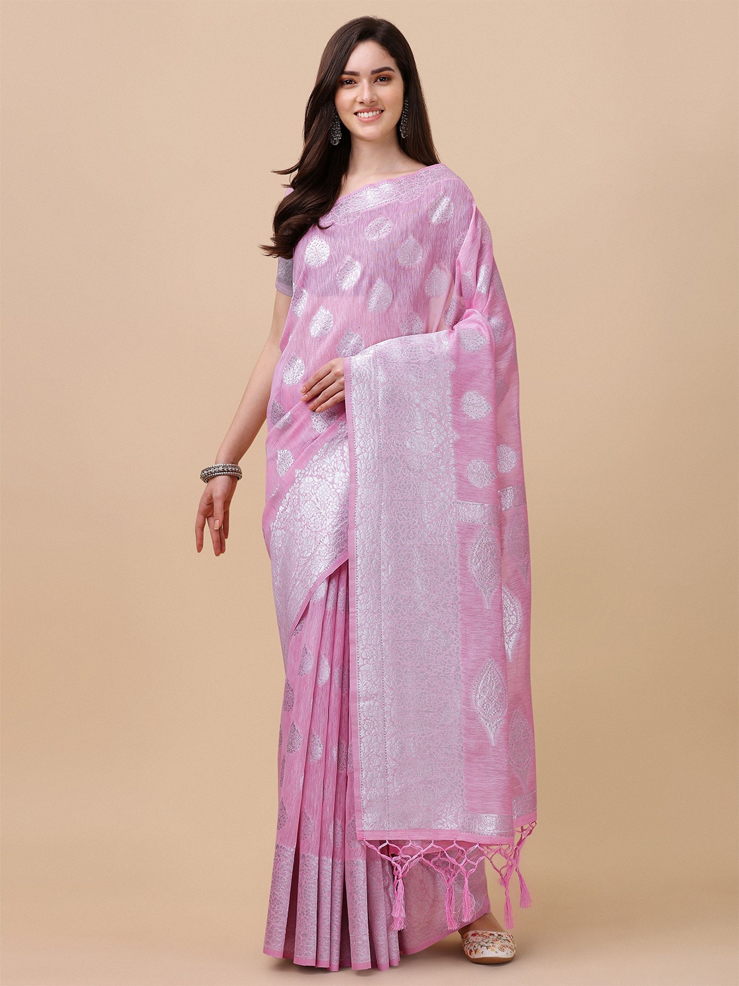

Mitera Pink & Silver-Toned Ethnic Motifs Zari Banarasi Saree