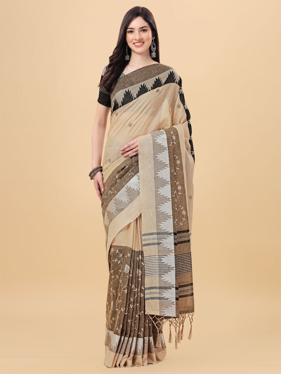 

Mitera Beige & Off White Floral Embroidered Pure Linen Banarasi Saree