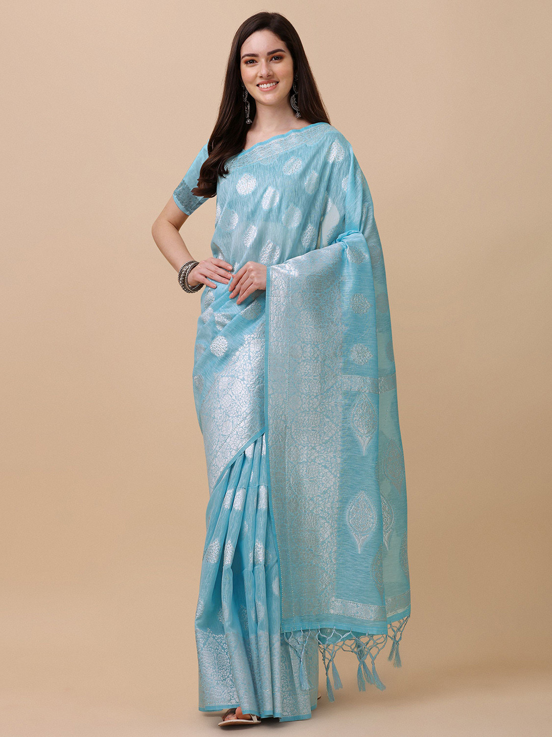 

Mitera Blue & Silver-Toned Ethnic Motifs Zari Banarasi Saree