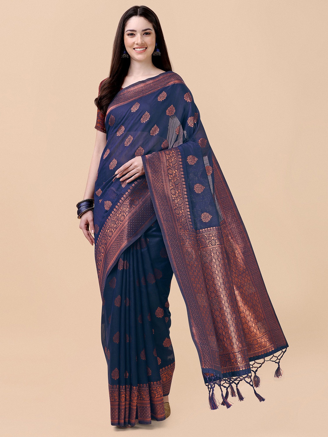 

Mitera Navy Blue & Copper-Toned Ethnic Motifs Banarasi Saree