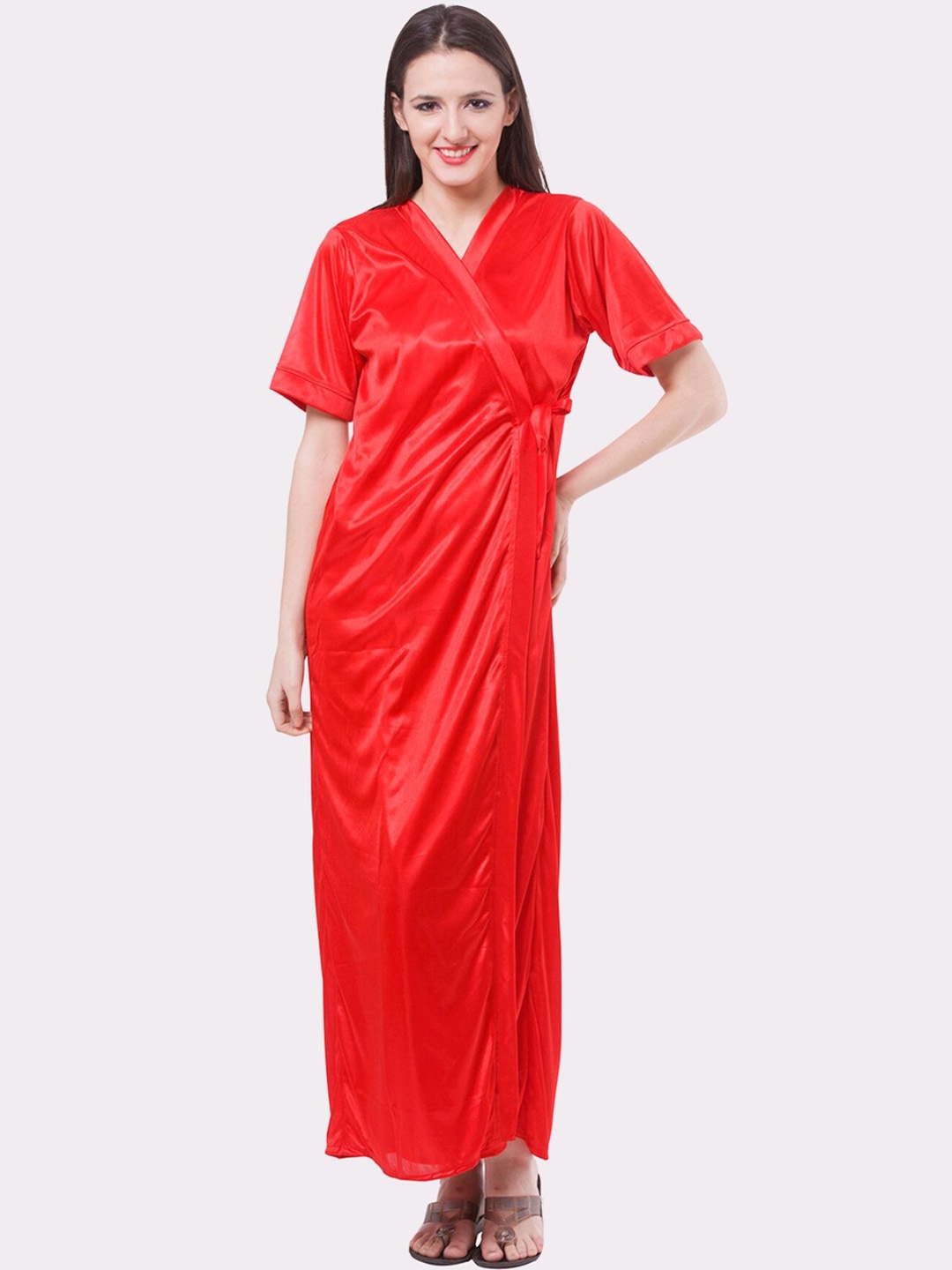 

Fasense Women Red Solid V-Neck Maxi Robe