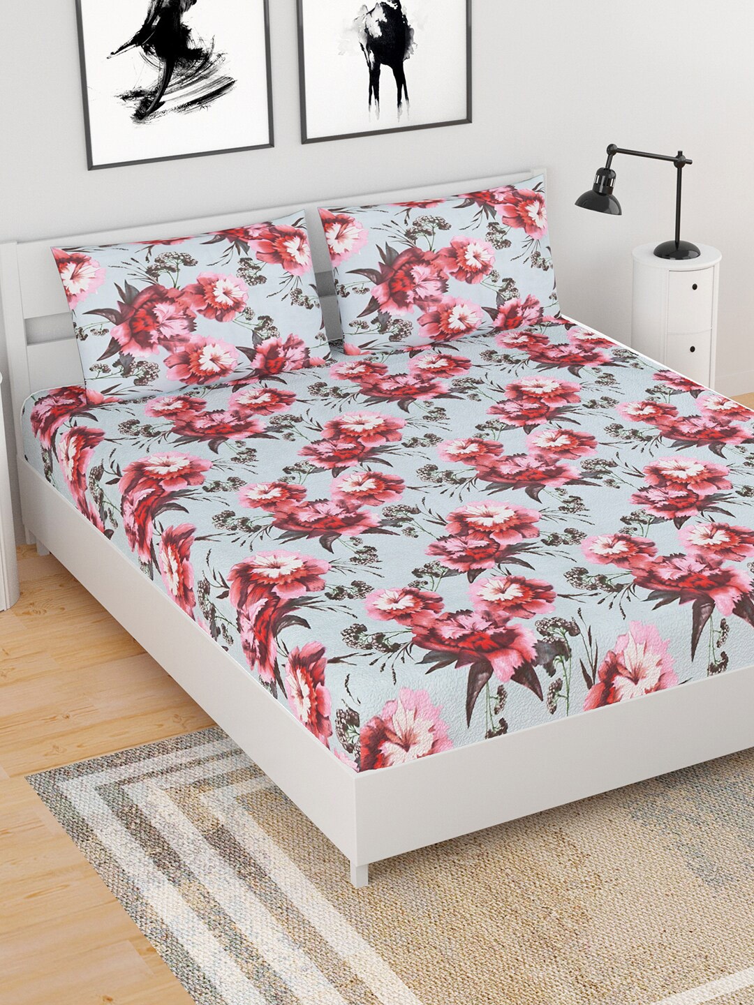 

BELLA CASA Blue & Pink Floral Printed 210 TC Queen Bedsheet with 2 Pillow Covers