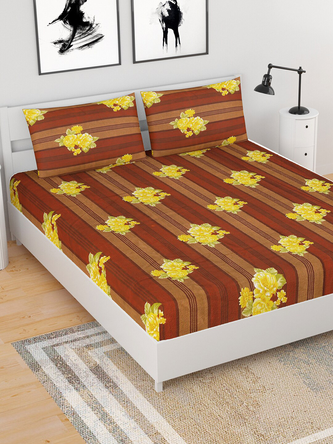 

BELLA CASA Brown & Yellow Printed 210 TC Queen Bedsheet with 2 Pillow Covers